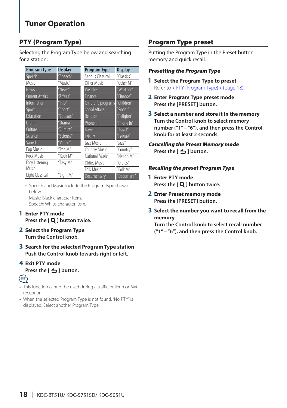 Pty (program type), Program type preset, Tuner operation | Kenwood KDC-5751SD User Manual | Page 18 / 59