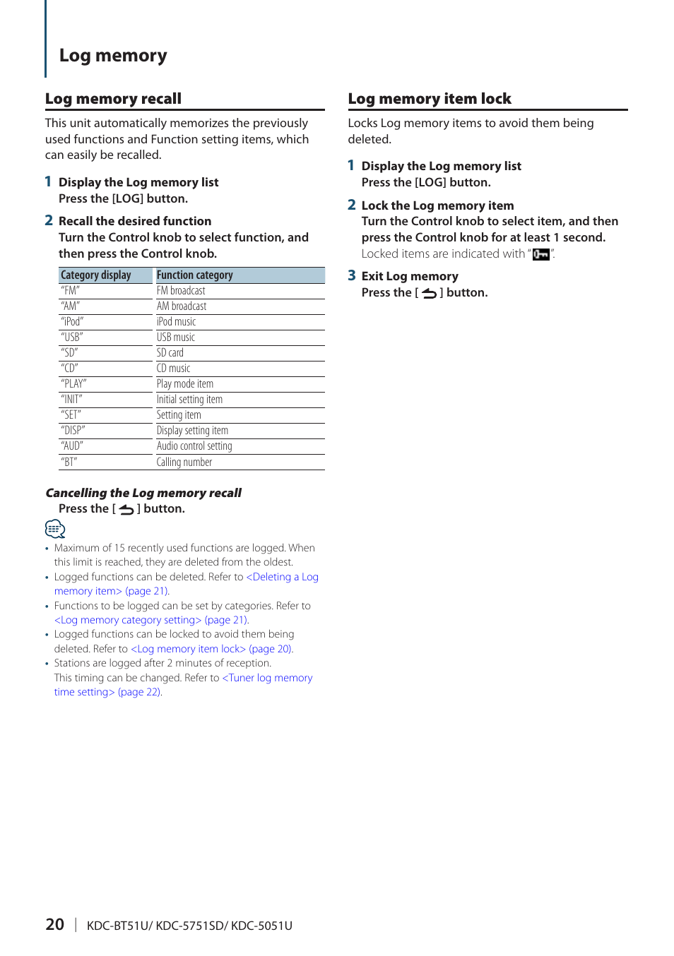 Log memory, Log memory recall, Log memory item lock | Kenwood KDC-5751SD User Manual | Page 20 / 59