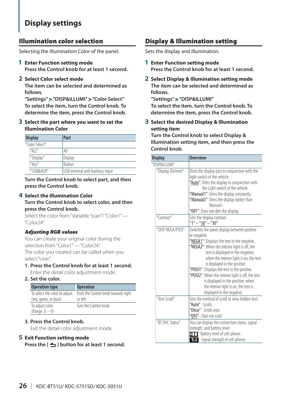 Illumination color selection, Display & illumination setting, Display settings | Kenwood KDC-5751SD User Manual | Page 26 / 59