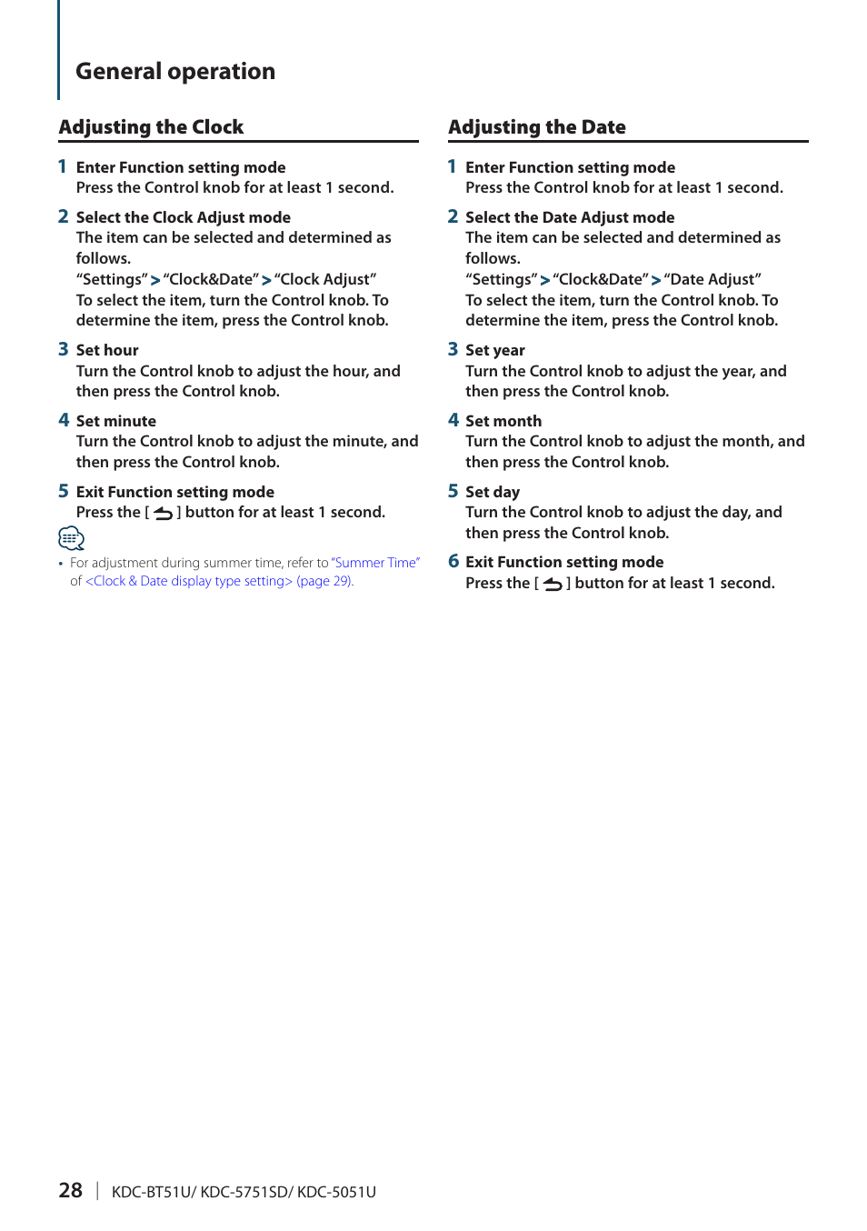 General operation, Adjusting the clock, Adjusting the date | Kenwood KDC-5751SD User Manual | Page 28 / 59