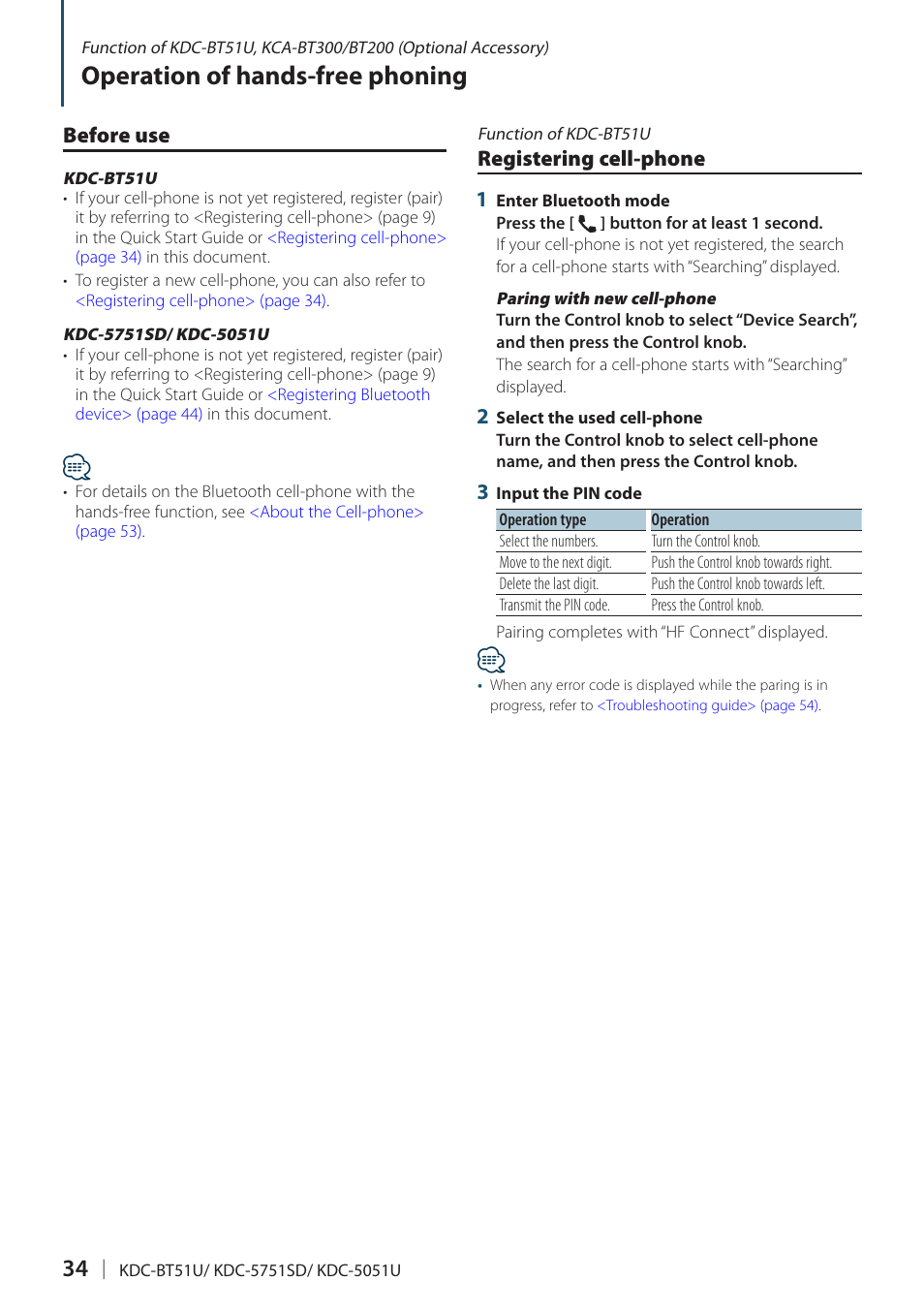 Operation of hands-free phoning, Before use, Registering cell-phone | Kenwood KDC-5751SD User Manual | Page 34 / 59