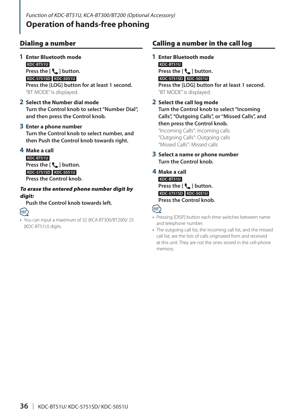 Dialing a number, Calling a number in the call log, Operation of hands-free phoning | Calling a number in the call log 1, Dialing a number 1 | Kenwood KDC-5751SD User Manual | Page 36 / 59