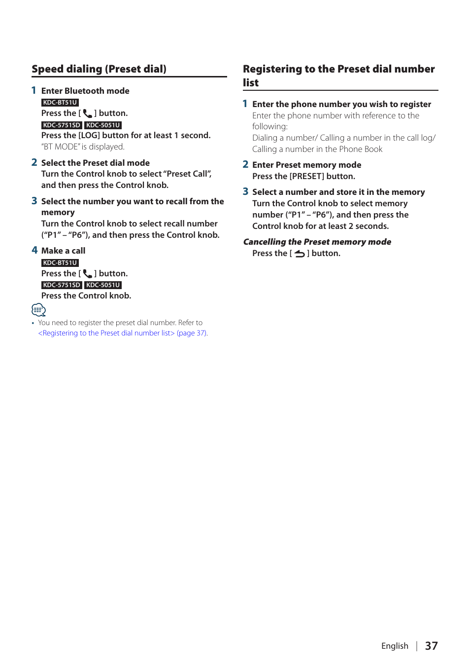 Speed dialing (preset dial), Registering to the preset dial number list, Speed dialing (preset dial) 1 | Registering to the preset dial number list 1 | Kenwood KDC-5751SD User Manual | Page 37 / 59