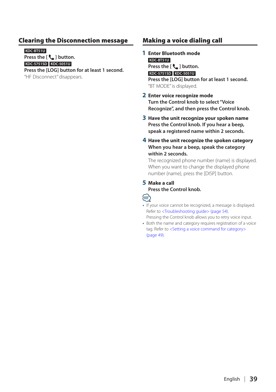 Clearing the disconnection message, Making a voice dialing call, Making a voice dialing call 1 | Kenwood KDC-5751SD User Manual | Page 39 / 59