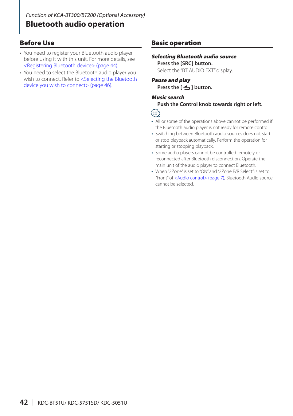 Bluetooth audio operation, Before use, Basic operation | Kenwood KDC-5751SD User Manual | Page 42 / 59