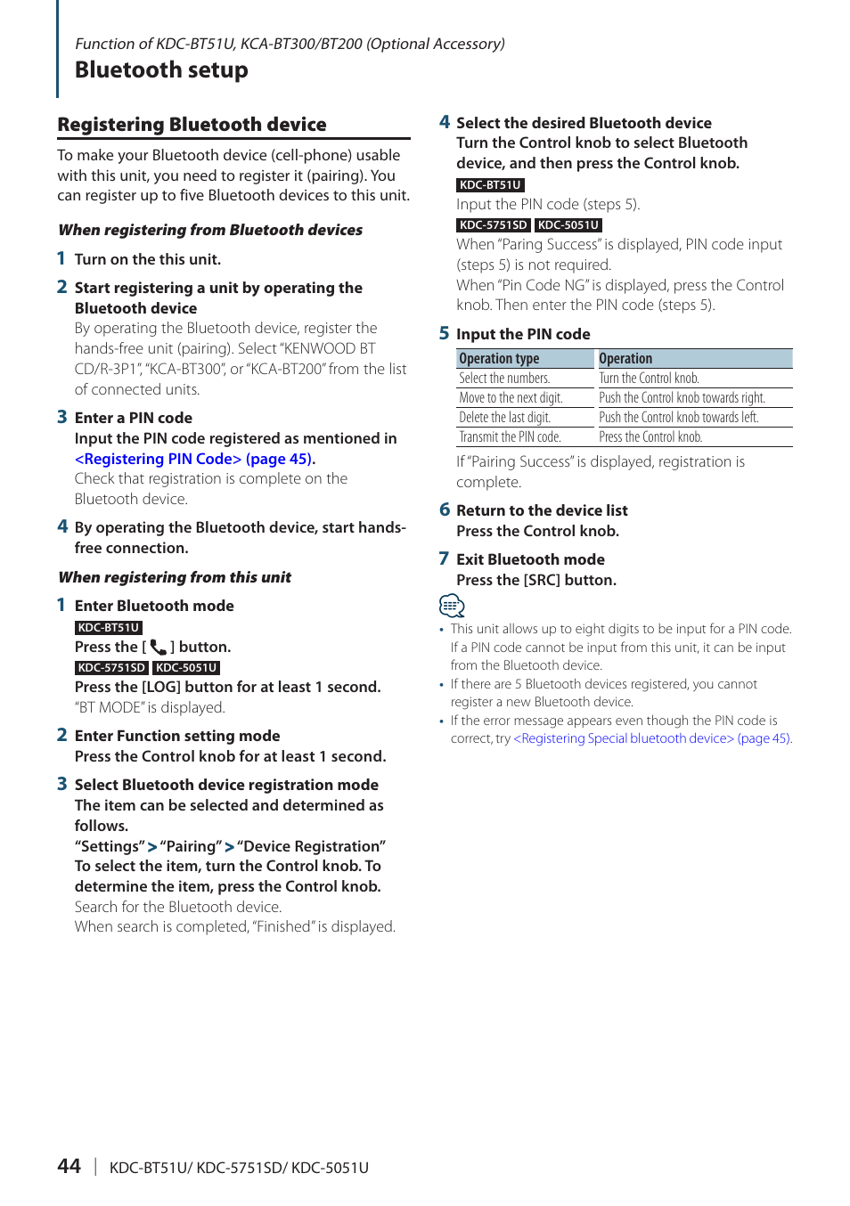 Bluetooth setup, Registering bluetooth device | Kenwood KDC-5751SD User Manual | Page 44 / 59