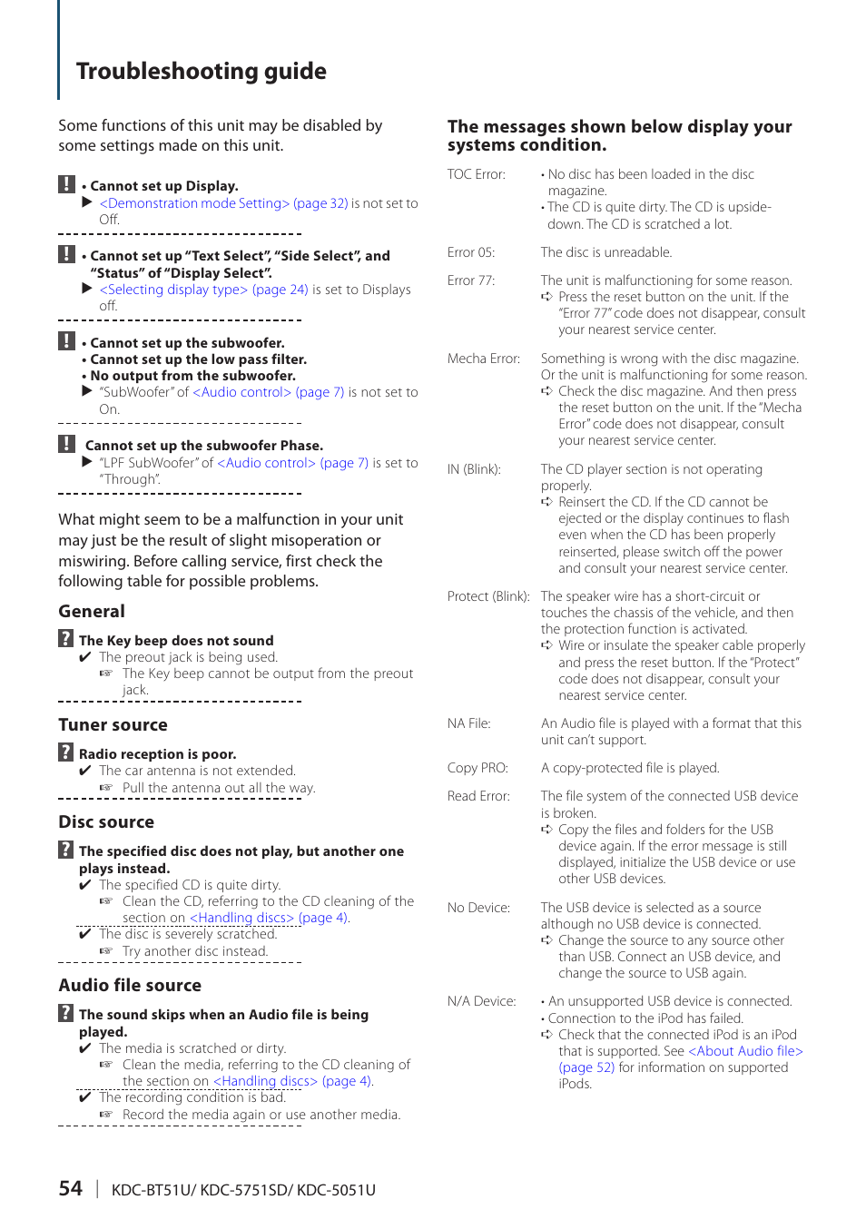 Troubleshooting guide, General, Tuner source | Disc source, Audio file source | Kenwood KDC-5751SD User Manual | Page 54 / 59