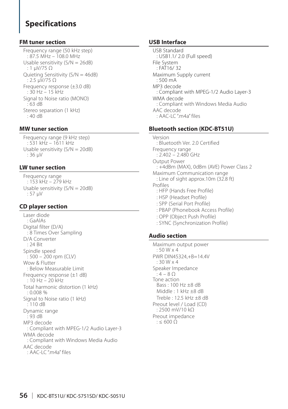 Specifications | Kenwood KDC-5751SD User Manual | Page 56 / 59