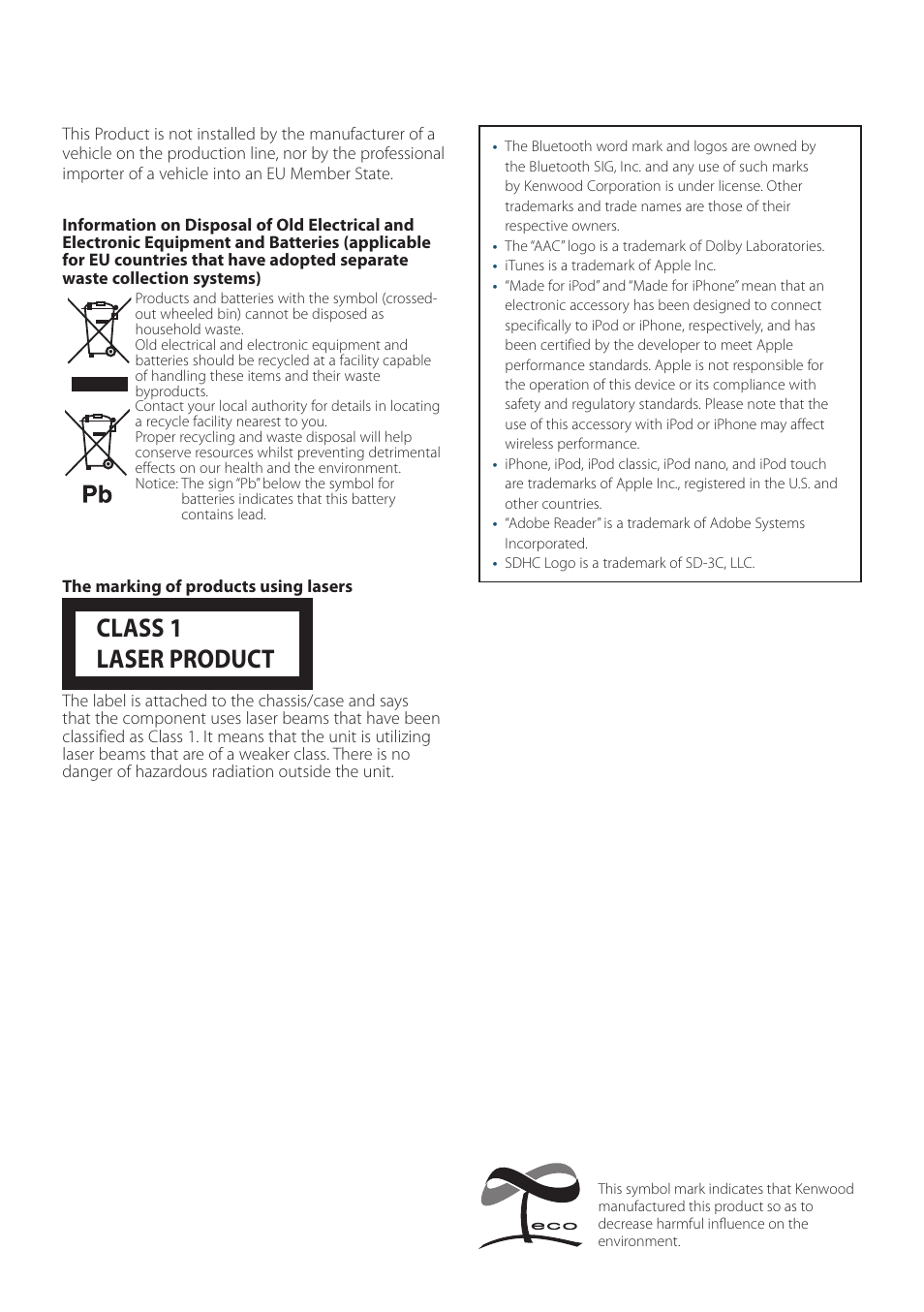 Class 1 laser product | Kenwood KDC-5751SD User Manual | Page 58 / 59