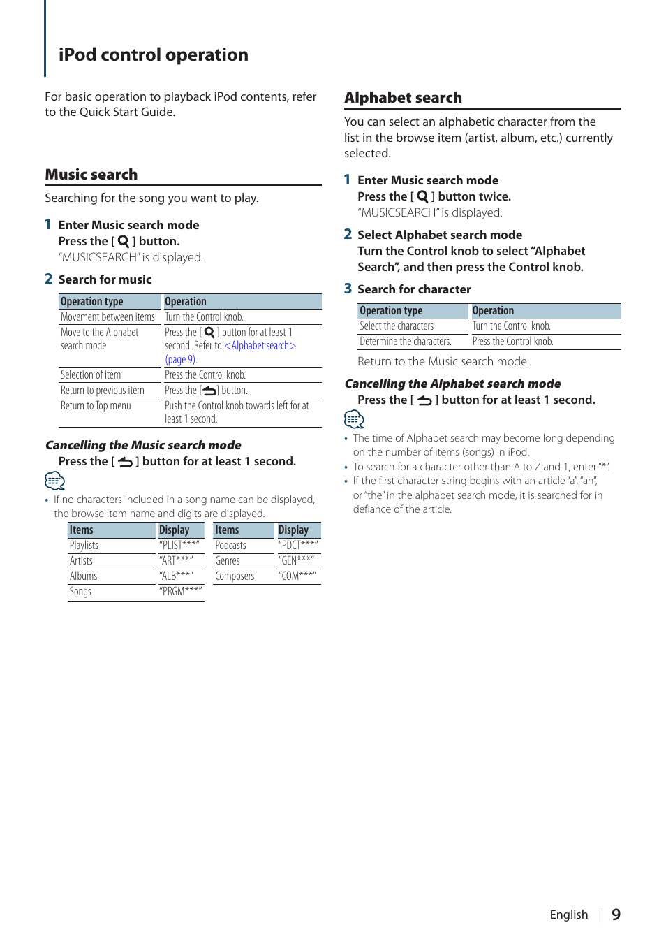 Ipod control operation, Music search, Alphabet search | Kenwood KDC-5751SD User Manual | Page 9 / 59