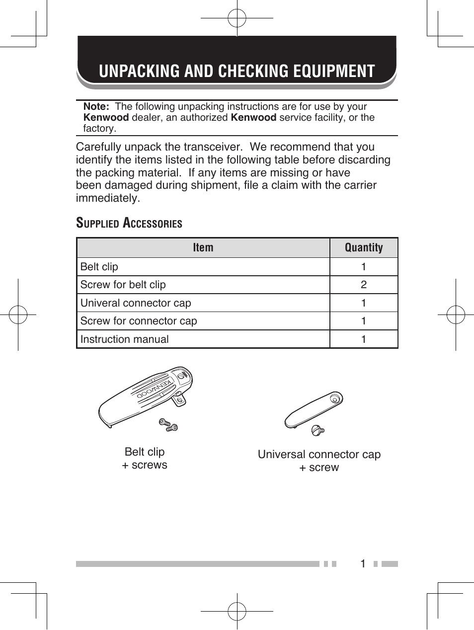 Unpacking and checking equipment | Kenwood TK-2185E User Manual | Page 11 / 50