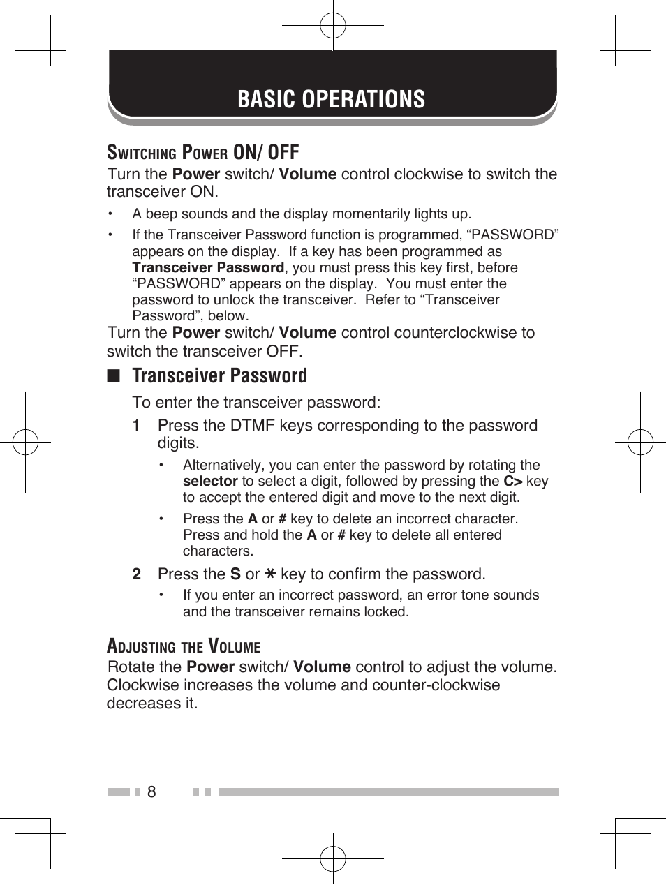 Basic operations, On/ off, Transceiver password | Kenwood TK-2185E User Manual | Page 18 / 50