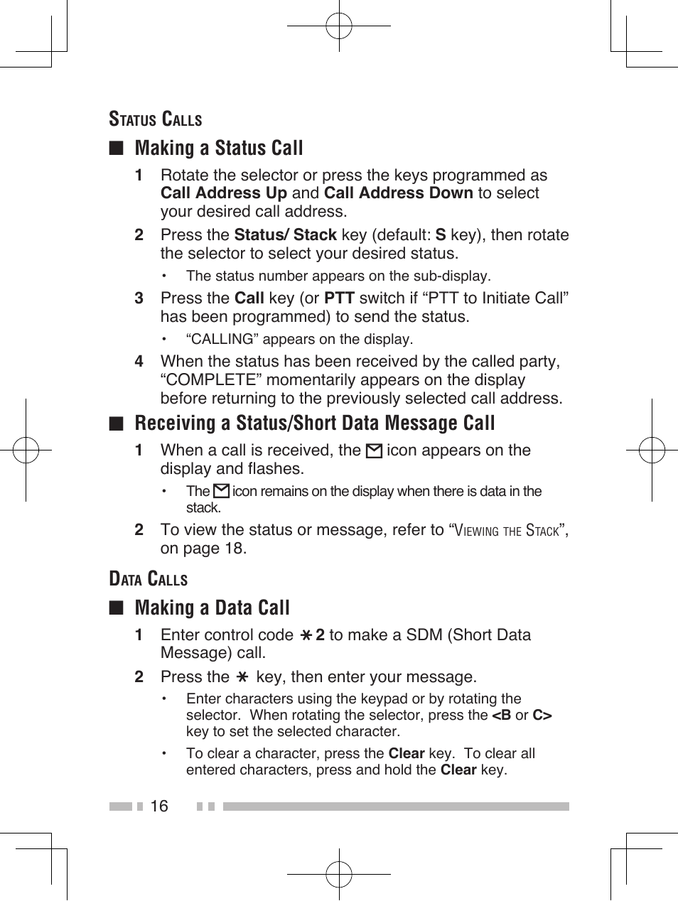 Making a status call, Receiving a status/short data message call, Making a data call | Kenwood TK-2185E User Manual | Page 26 / 50
