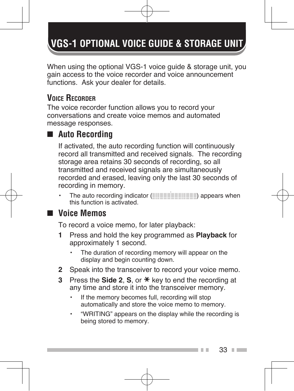 Vgs-1, Optional voice guide & storage unit, Auto recording | Kenwood TK-2185E User Manual | Page 43 / 50