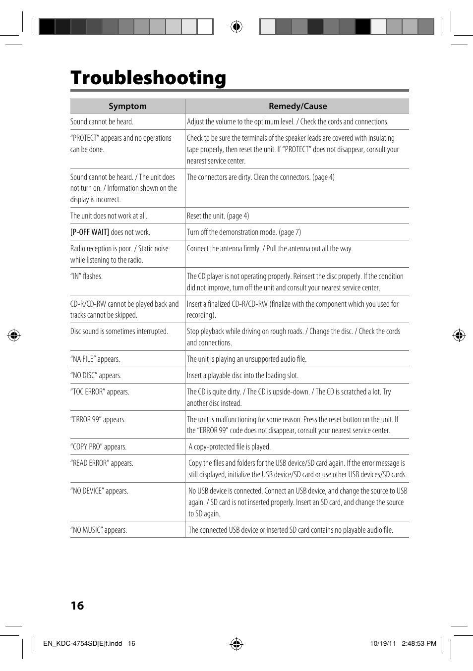 Troubleshooting | Kenwood KDC-4654SD User Manual | Page 16 / 21