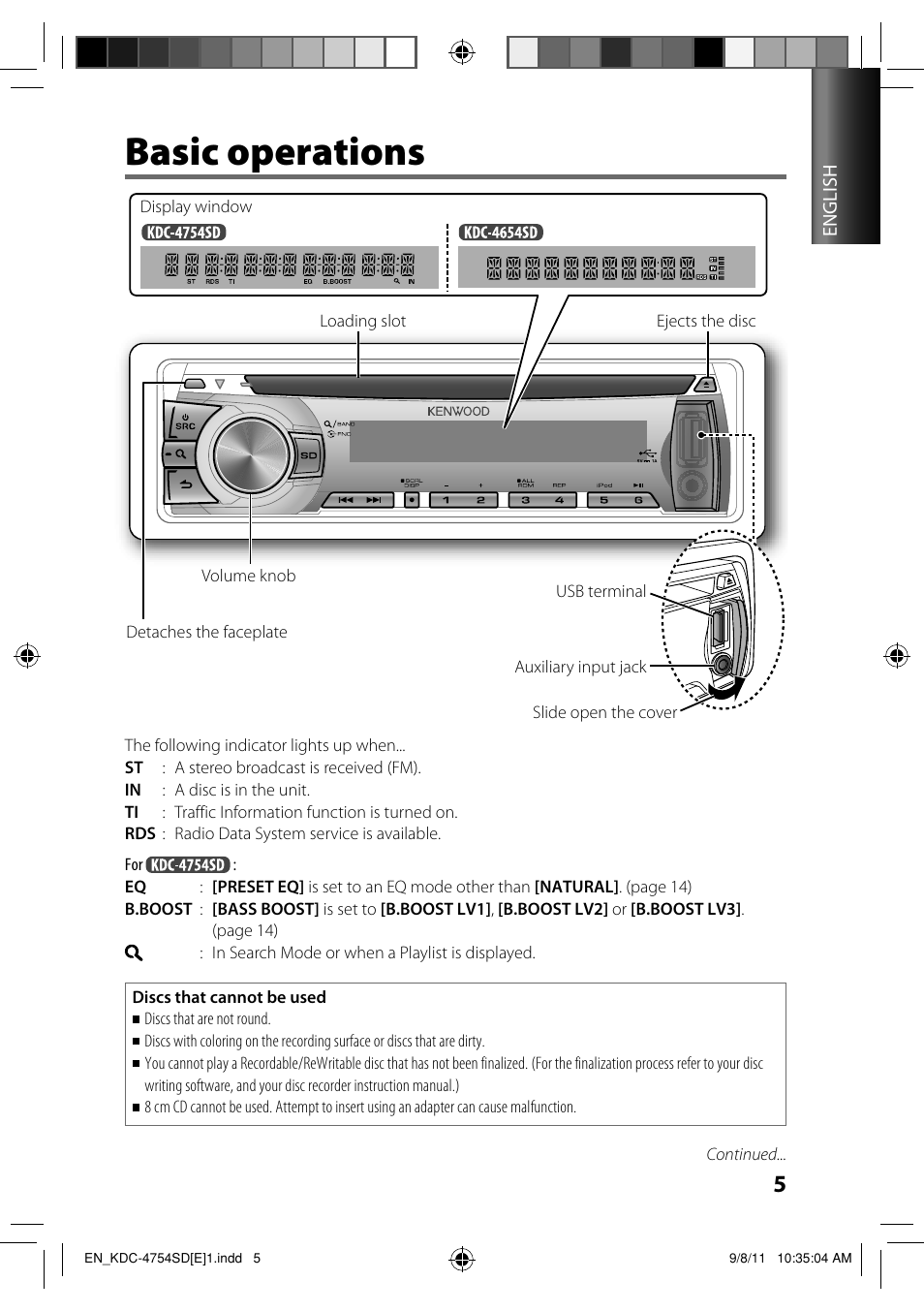 Basic operations | Kenwood KDC-4654SD User Manual | Page 5 / 21