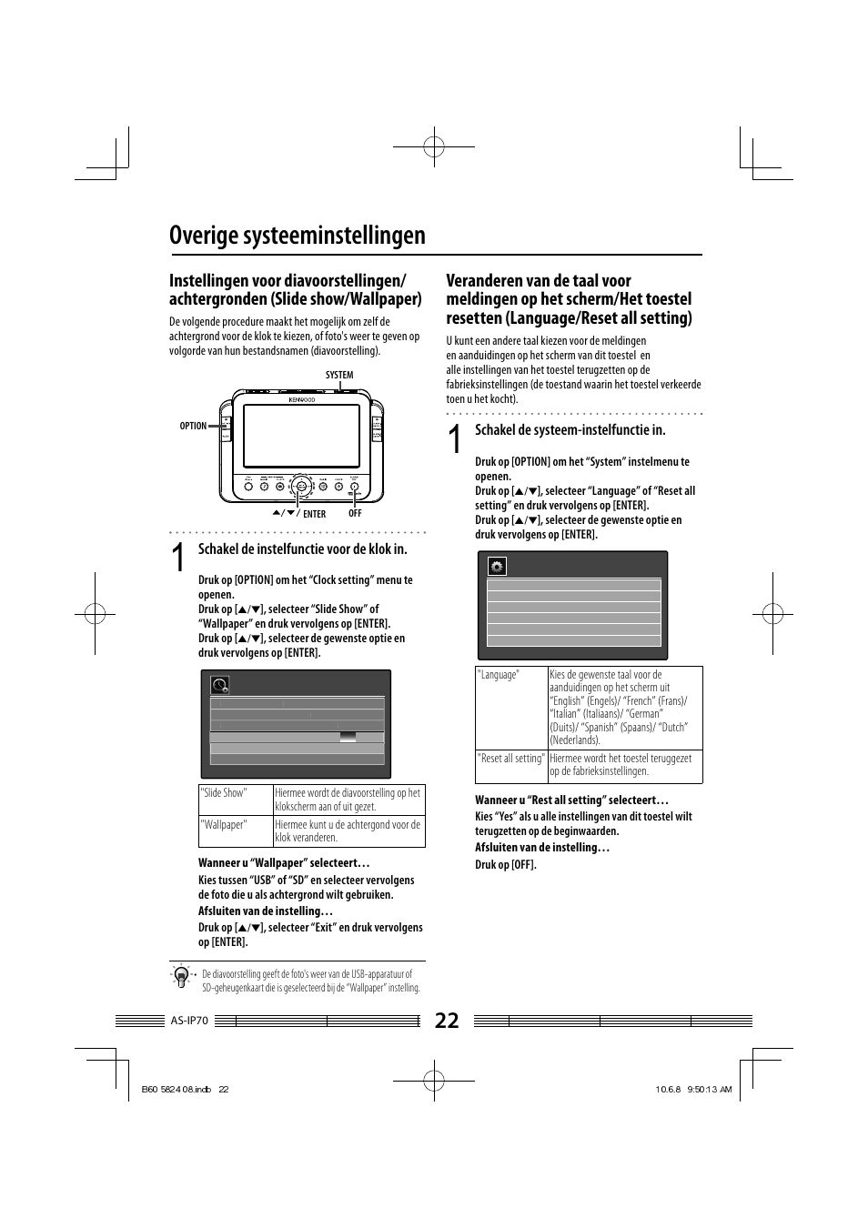 Overige systeeminstellingen, Schakel de instelfunctie voor de klok in, Schakel de systeem-instelfunctie in | Kenwood AS-iP70 User Manual | Page 106 / 168