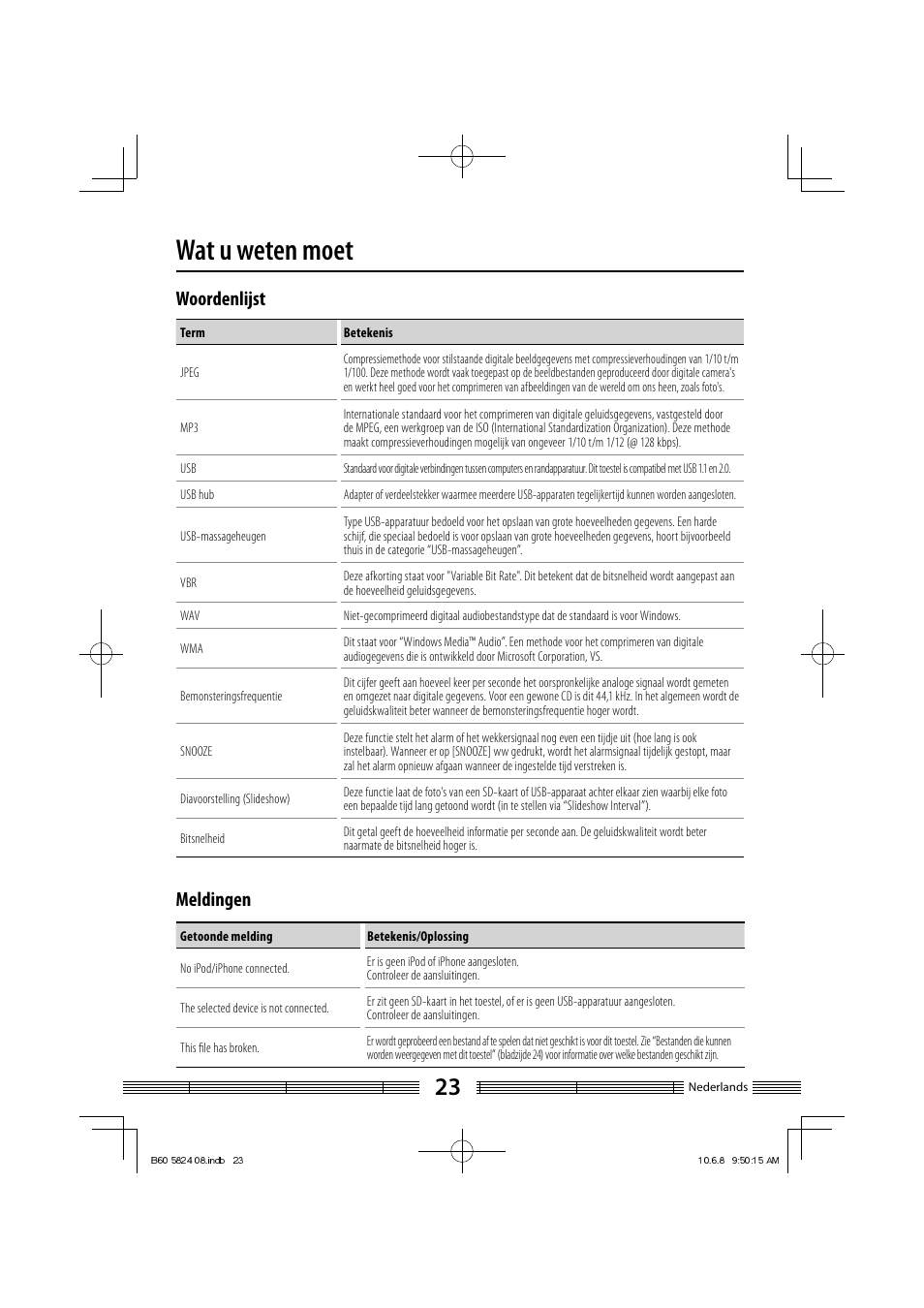 Wat u weten moet, Woordenlijst, Meldingen | Kenwood AS-iP70 User Manual | Page 107 / 168