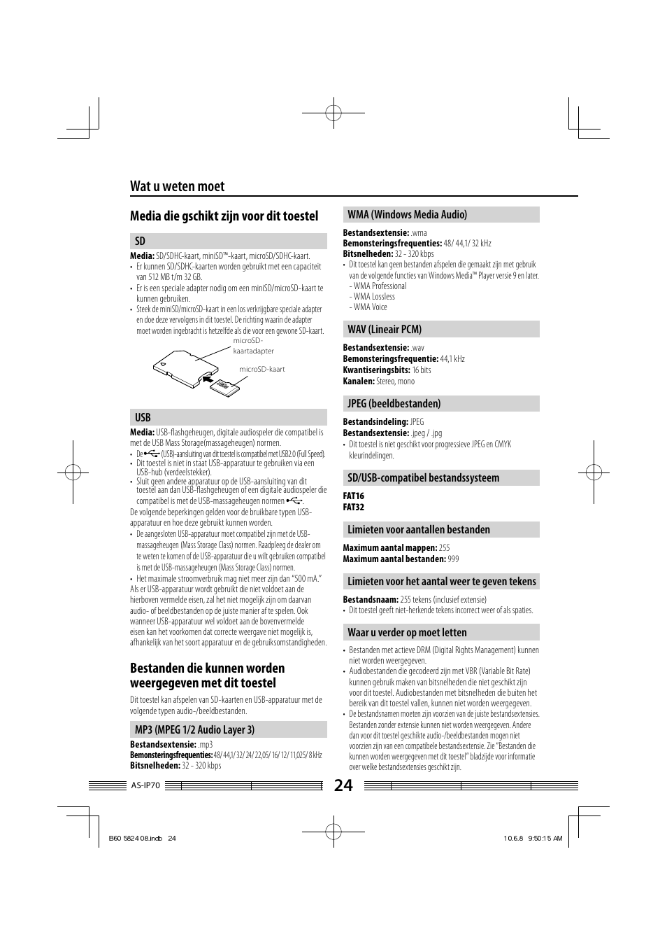 Wat u weten moet, Media die gschikt zijn voor dit toestel | Kenwood AS-iP70 User Manual | Page 108 / 168