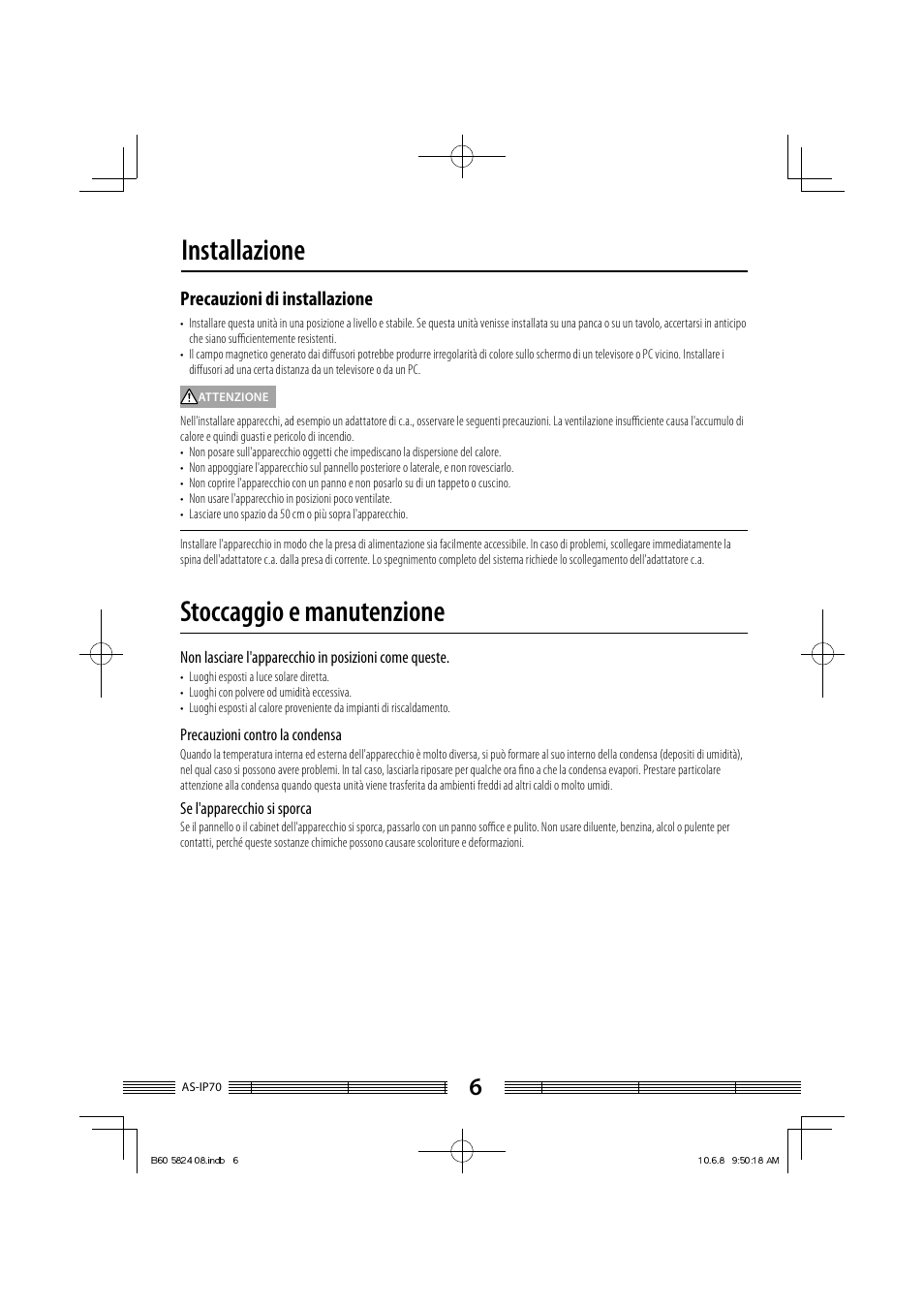 Installazione stoccaggio e manutenzione, Precauzioni di installazione | Kenwood AS-iP70 User Manual | Page 118 / 168