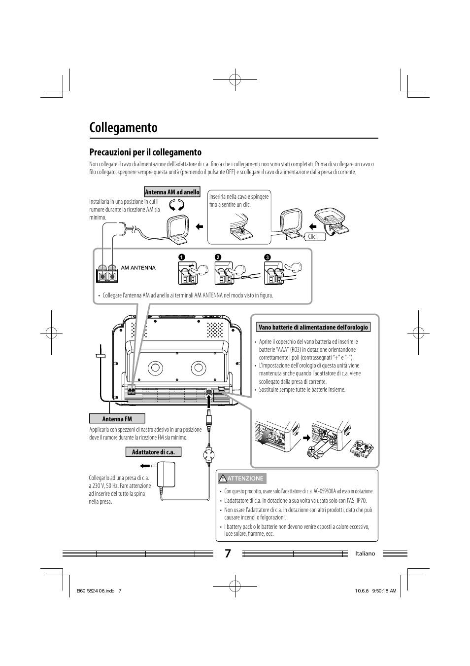 Collegamento, Precauzioni per il collegamento | Kenwood AS-iP70 User Manual | Page 119 / 168