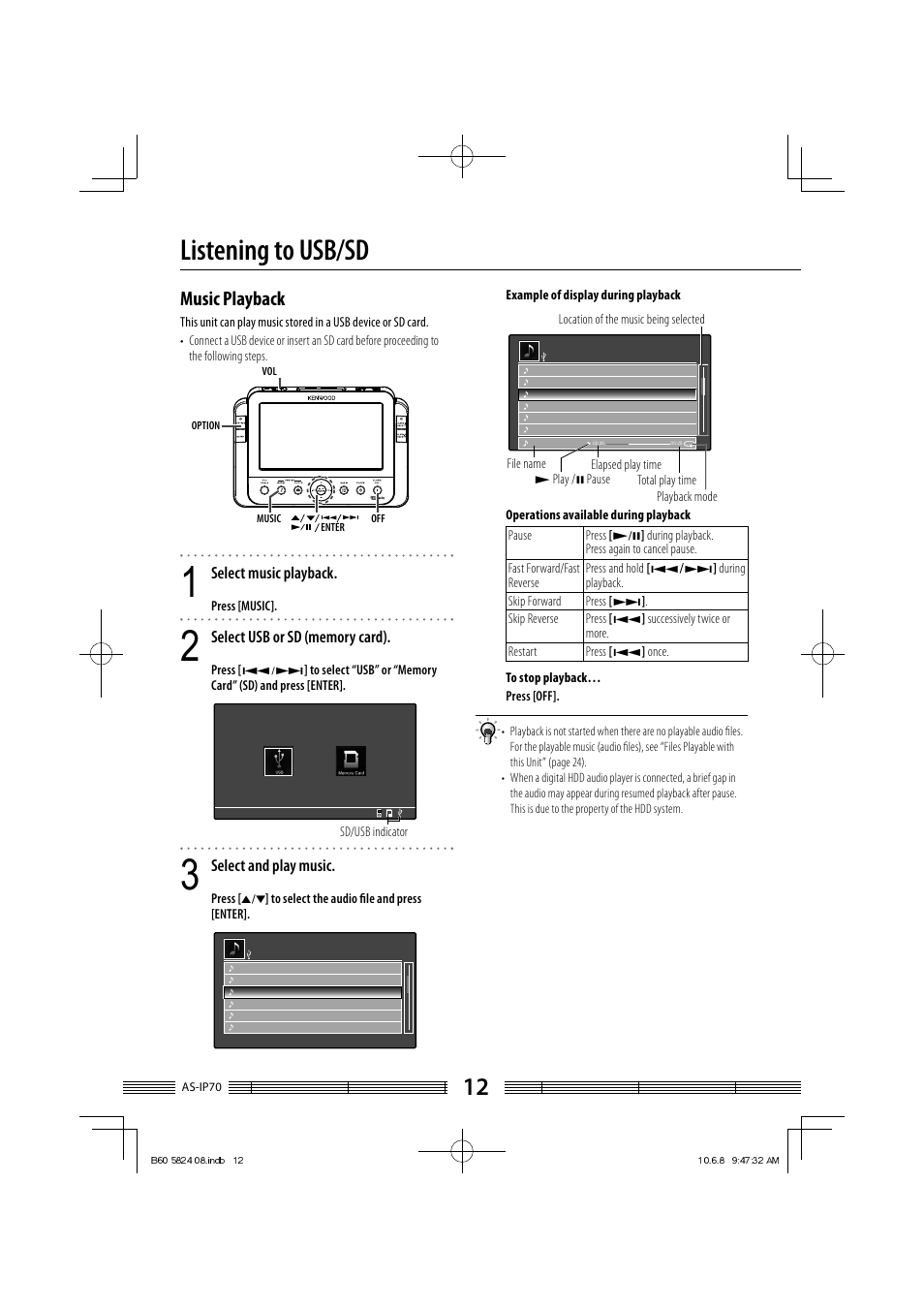 Listening to usb/sd, Music playback, Select music playback | Select and play music | Kenwood AS-iP70 User Manual | Page 12 / 168