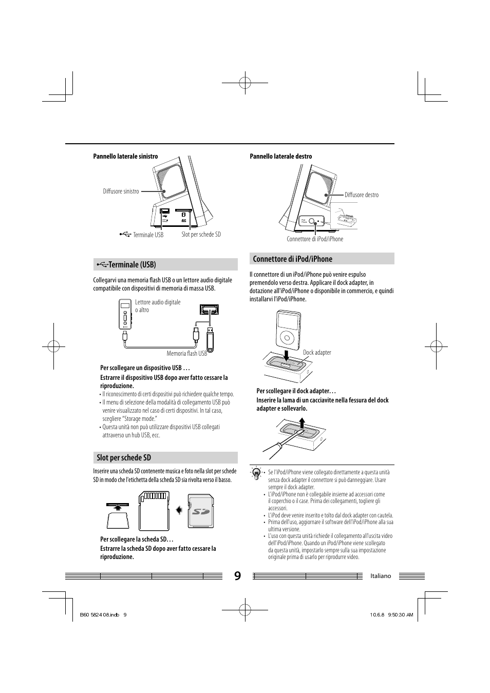 Terminale (usb), Slot per schede sd, Connettore di ipod/iphone | Kenwood AS-iP70 User Manual | Page 121 / 168