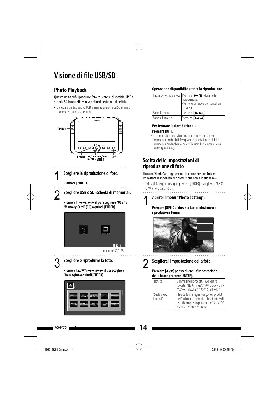 Visione di fi le usb/sd, Photo playback, Scelta delle impostazioni di riproduzione di foto | Kenwood AS-iP70 User Manual | Page 126 / 168