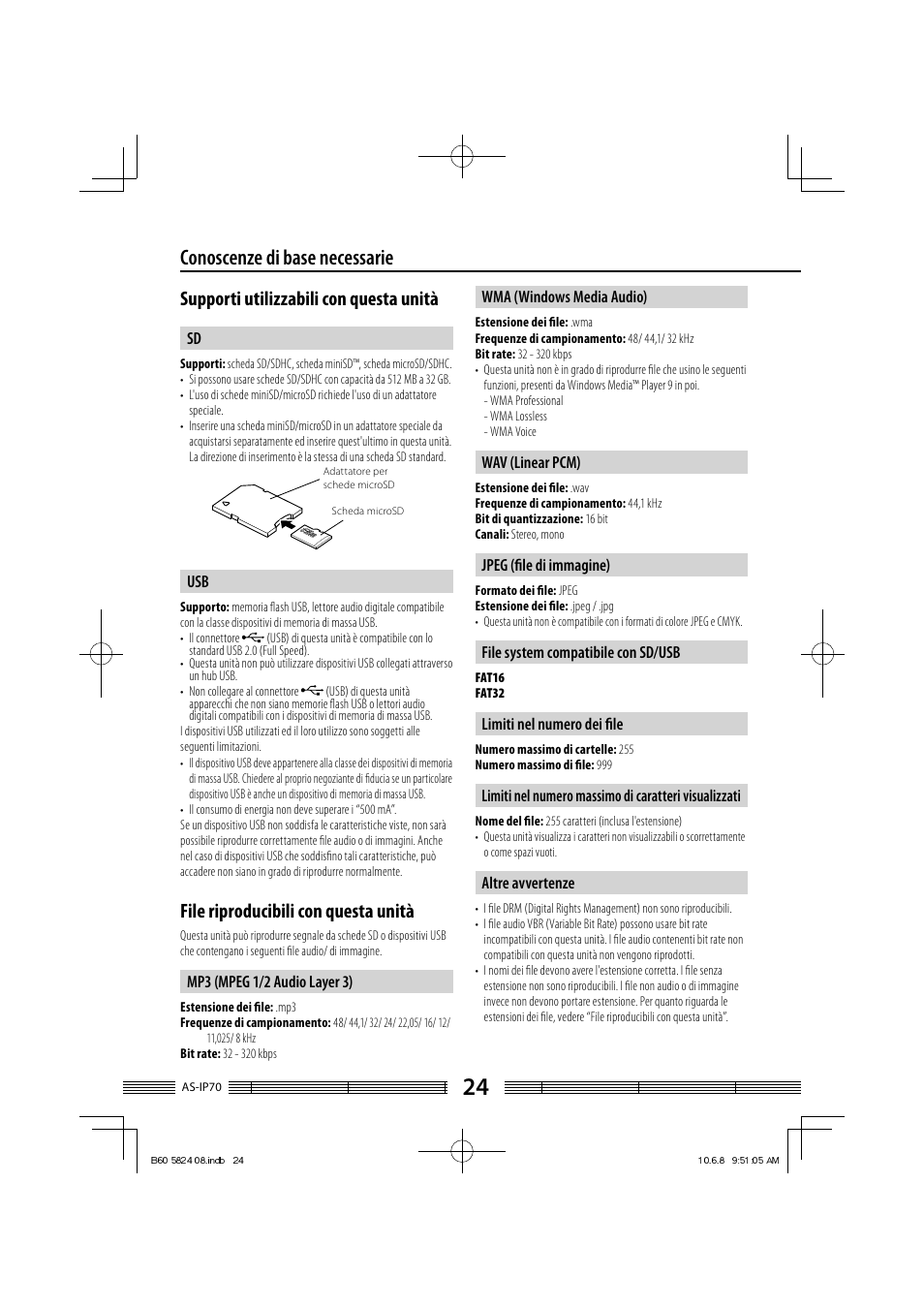 Conoscenze di base necessarie, Supporti utilizzabili con questa unità, File riproducibili con questa unità | Kenwood AS-iP70 User Manual | Page 136 / 168