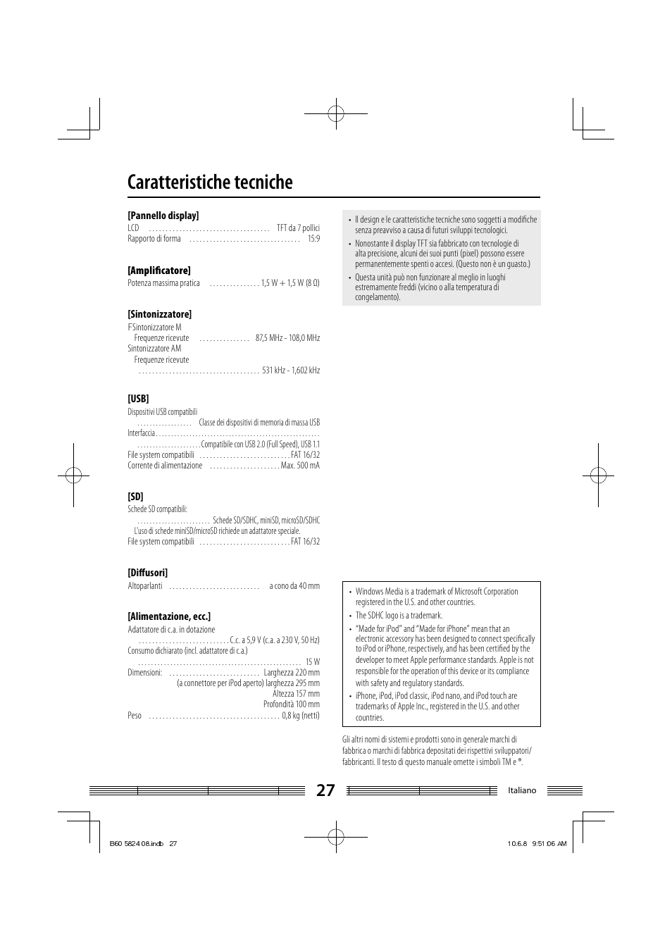 Caratteristiche tecniche | Kenwood AS-iP70 User Manual | Page 139 / 168