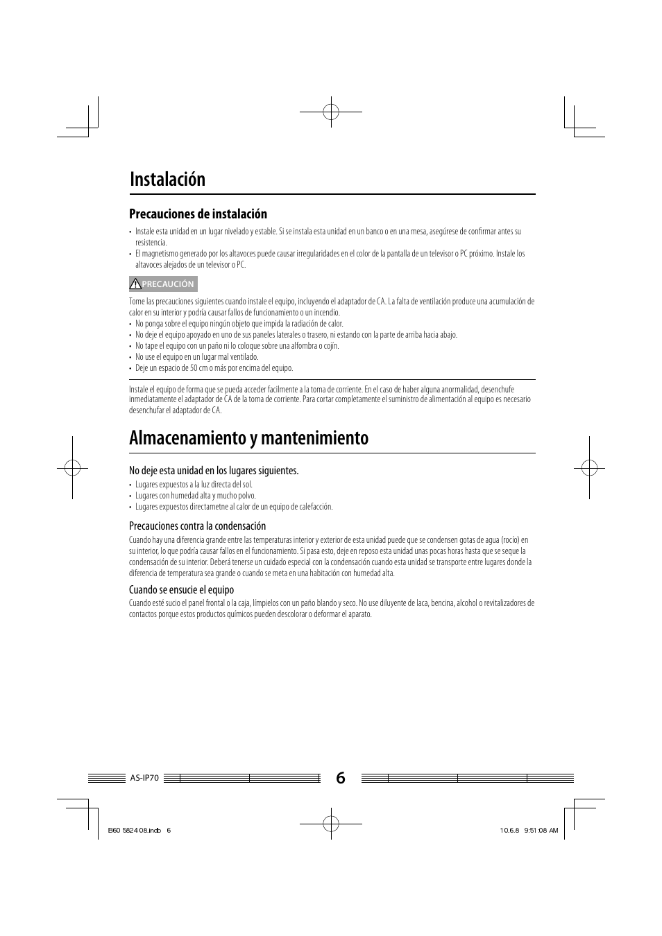 Instalación almacenamiento y mantenimiento, Precauciones de instalación | Kenwood AS-iP70 User Manual | Page 146 / 168