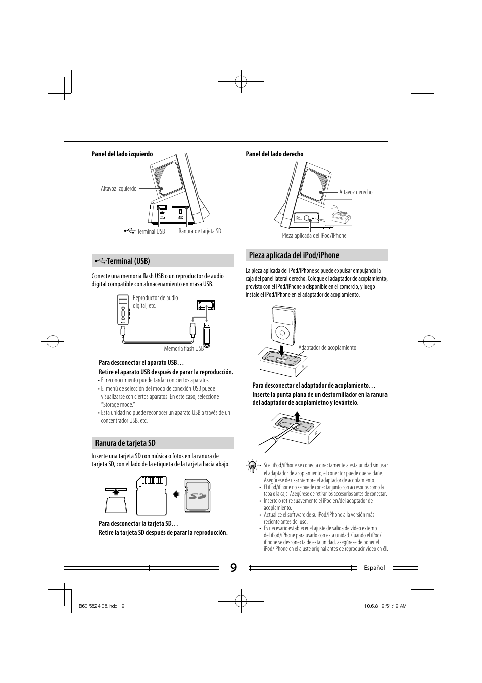 Terminal (usb), Ranura de tarjeta sd, Pieza aplicada del ipod/iphone | Kenwood AS-iP70 User Manual | Page 149 / 168