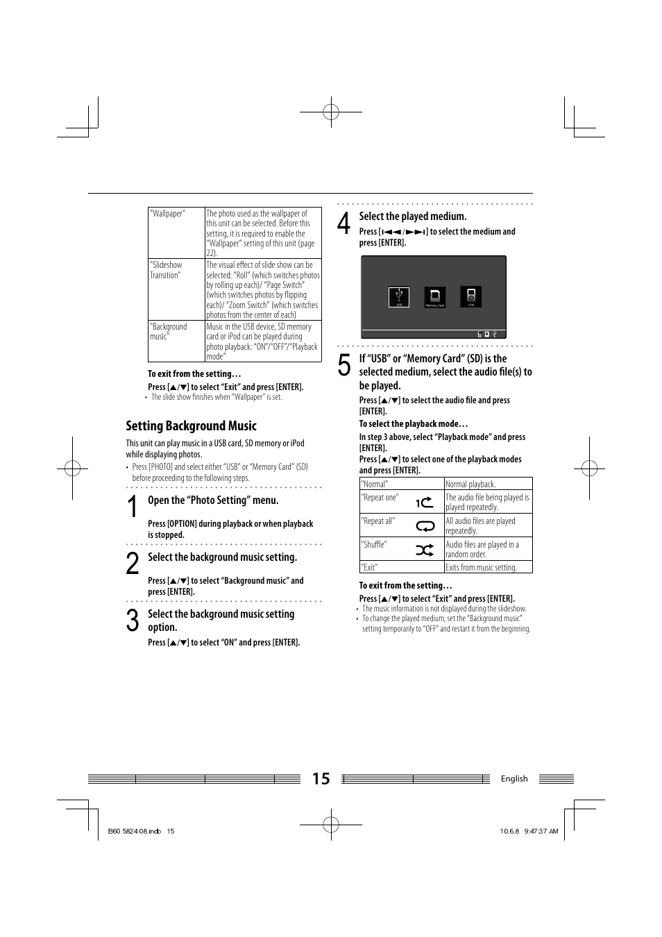 Setting background music | Kenwood AS-iP70 User Manual | Page 15 / 168