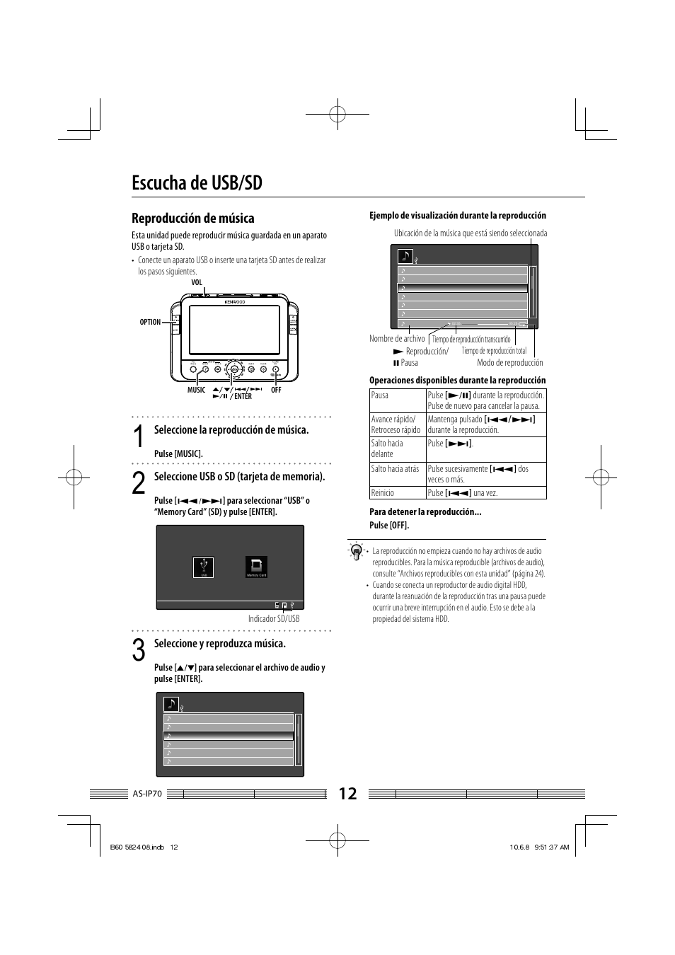 Escucha de usb/sd, Reproducción de música, Seleccione la reproducción de música | Seleccione y reproduzca música | Kenwood AS-iP70 User Manual | Page 152 / 168