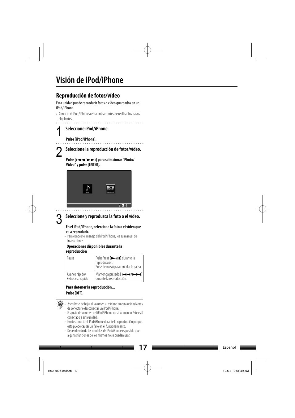 Visión de ipod/iphone, Reproducción de fotos/vídeo | Kenwood AS-iP70 User Manual | Page 157 / 168