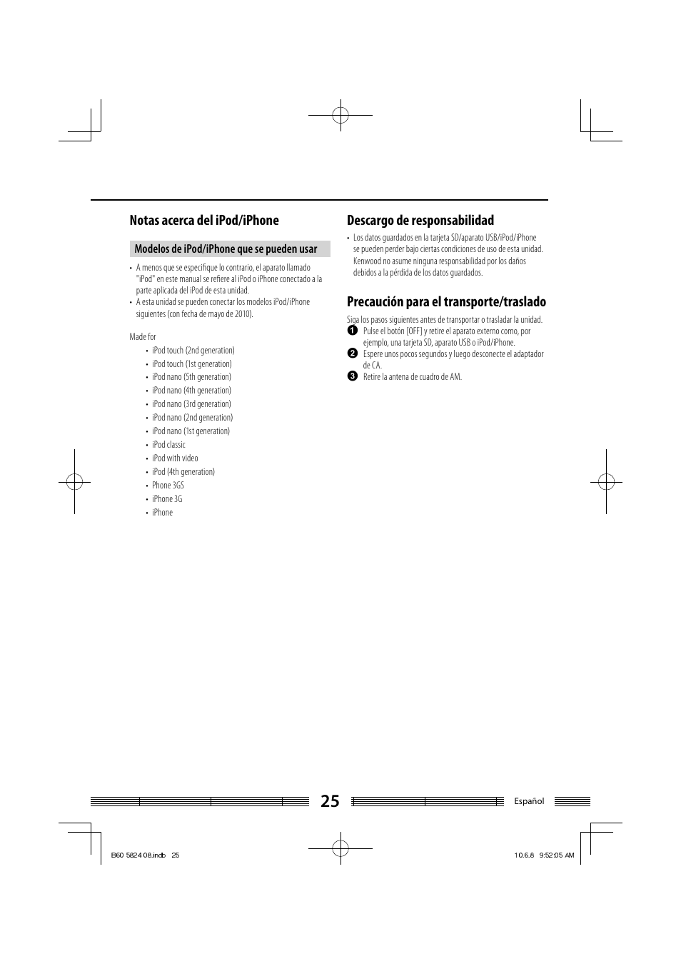 Notas acerca del ipod/iphone, Descargo de responsabilidad, Precaución para el transporte/traslado | Kenwood AS-iP70 User Manual | Page 165 / 168