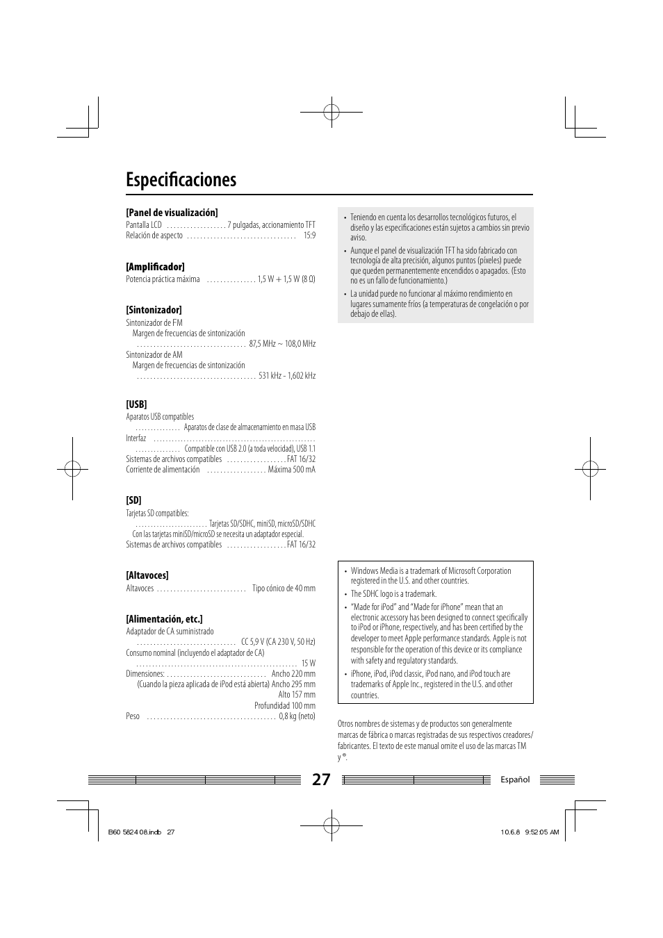 Especifi caciones | Kenwood AS-iP70 User Manual | Page 167 / 168