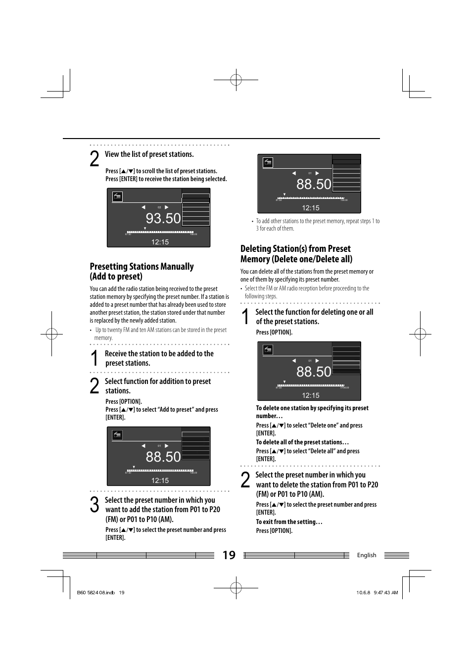 Presetting stations manually (add to preset), View the list of preset stations, Select function for addition to preset stations | Kenwood AS-iP70 User Manual | Page 19 / 168