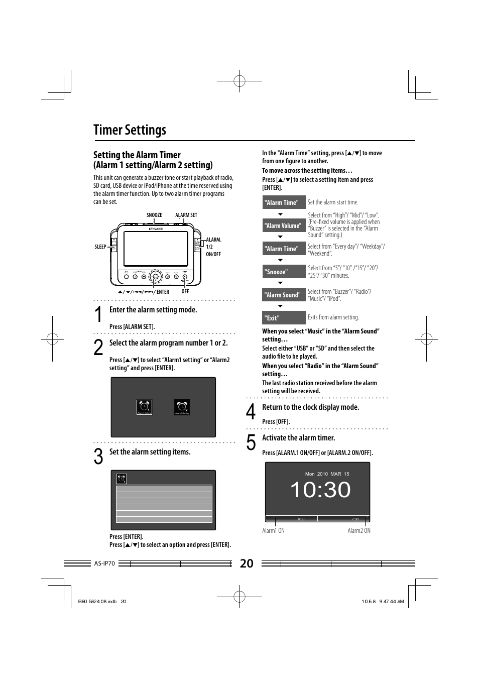 Timer settings | Kenwood AS-iP70 User Manual | Page 20 / 168