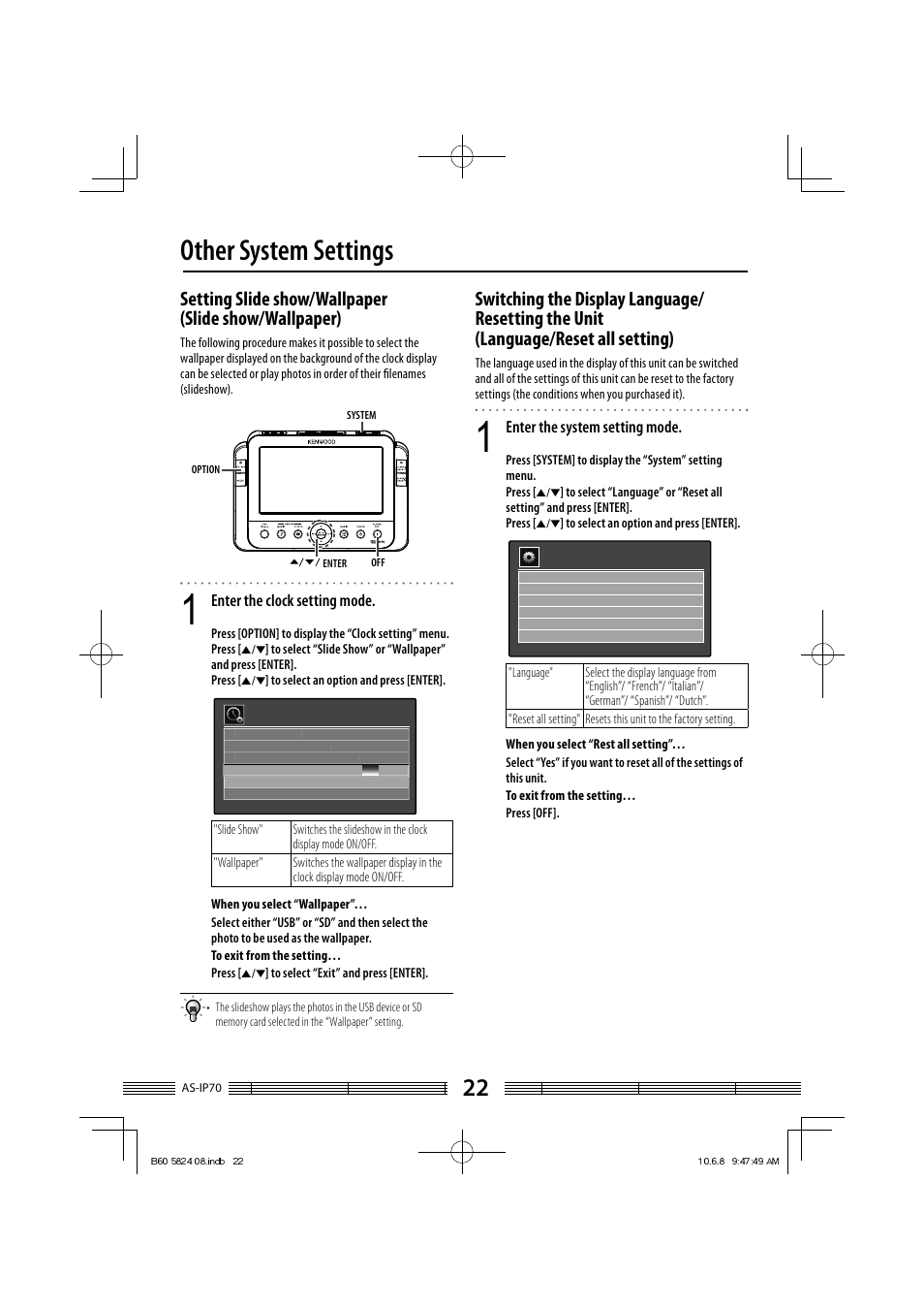 Other system settings, Enter the clock setting mode, Enter the system setting mode | Kenwood AS-iP70 User Manual | Page 22 / 168