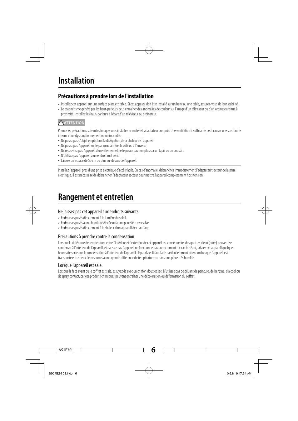 Installation rangement et entretien, Précautions à prendre lors de l'installation | Kenwood AS-iP70 User Manual | Page 34 / 168
