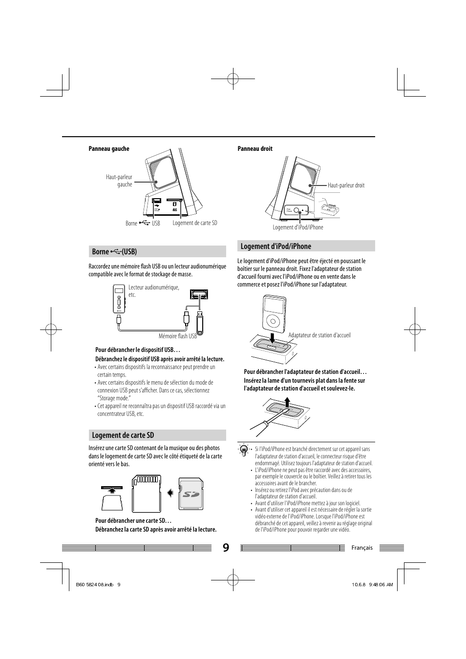 Borne (usb), Logement de carte sd, Logement d'ipod/iphone | Kenwood AS-iP70 User Manual | Page 37 / 168