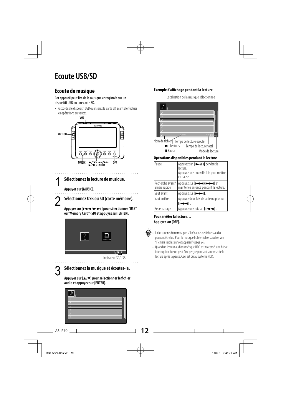 Ecoute usb/sd, Ecoute de musique, Sélectionnez la lecture de musique | Sélectionnez usb ou sd (carte mémoire), Sélectionnez la musique et écoutez-la | Kenwood AS-iP70 User Manual | Page 40 / 168