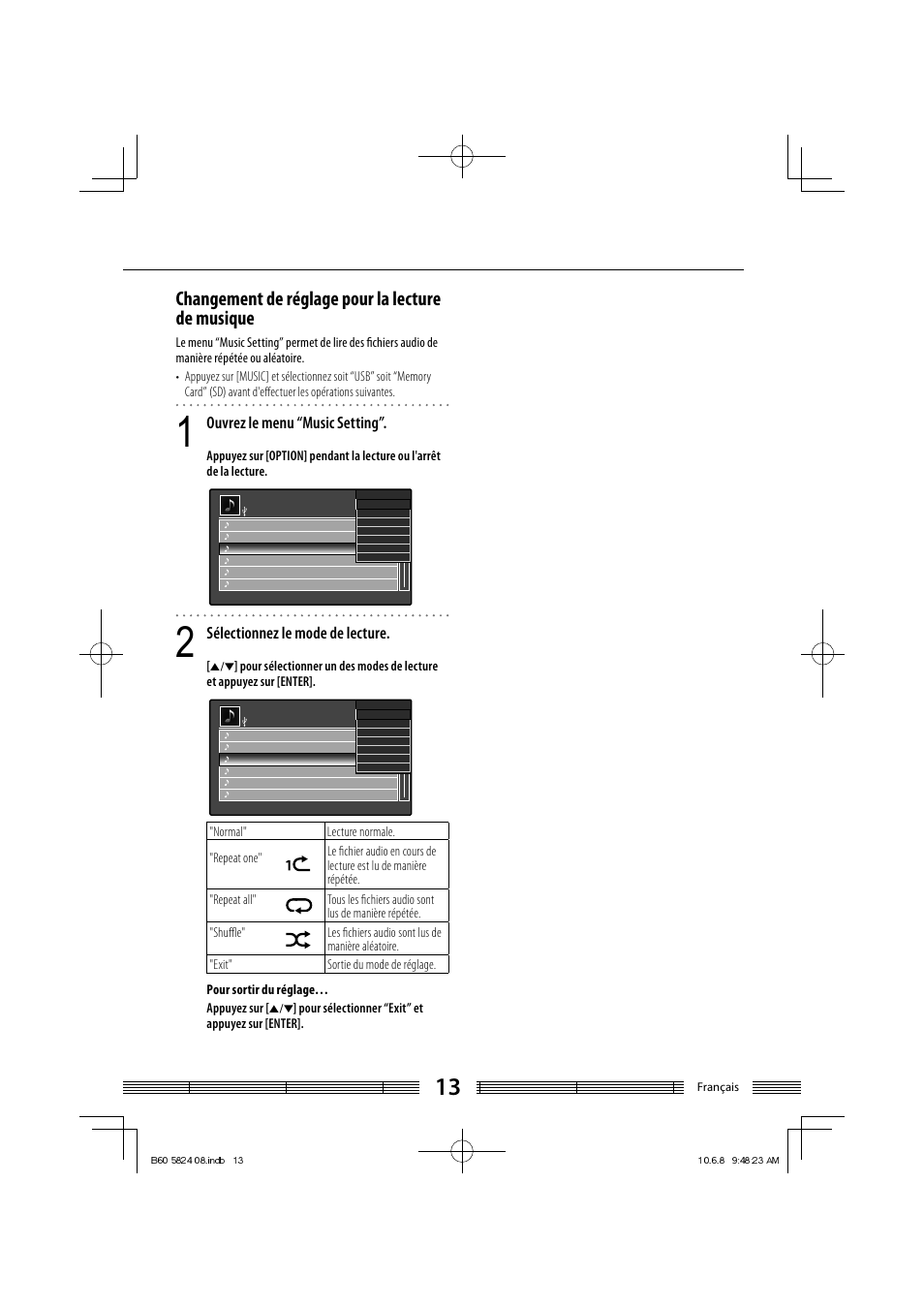 Changement de réglage pour la lecture de musique, Ouvrez le menu “music setting, Sélectionnez le mode de lecture | Kenwood AS-iP70 User Manual | Page 41 / 168