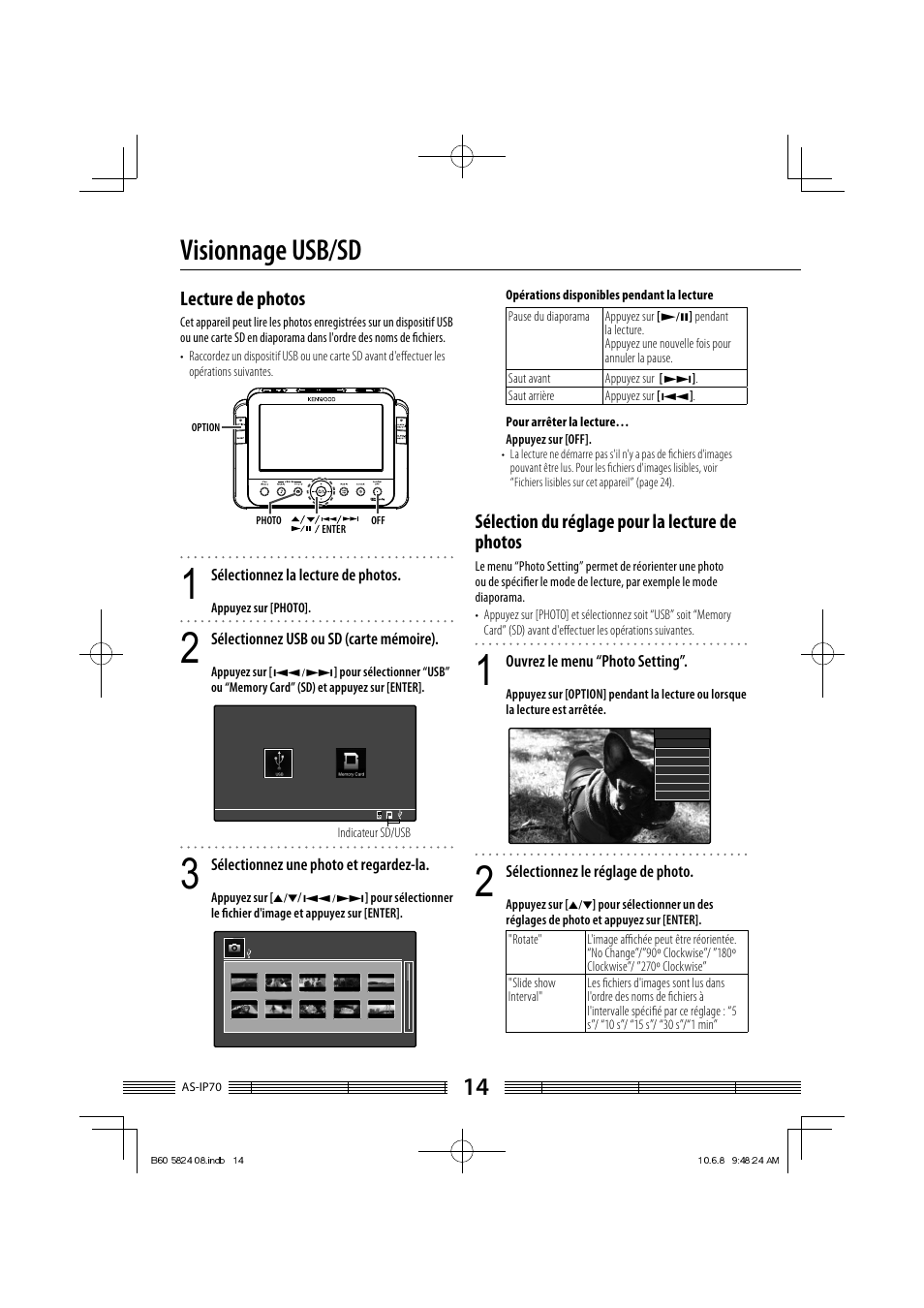 Visionnage usb/sd, Lecture de photos, Sélection du réglage pour la lecture de photos | Kenwood AS-iP70 User Manual | Page 42 / 168