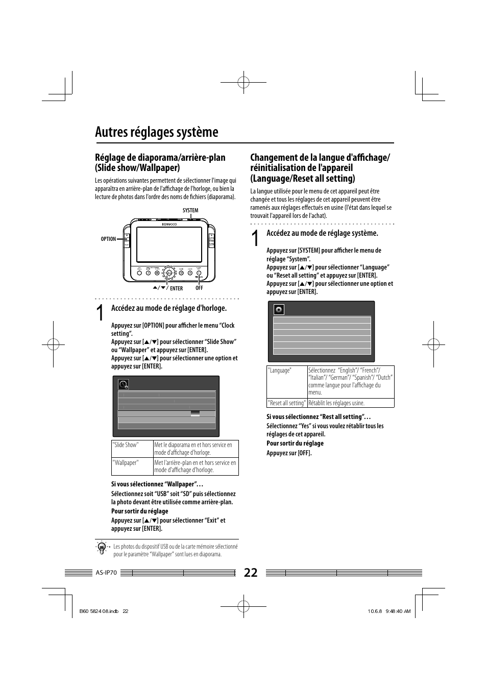 Autres réglages système, Accédez au mode de réglage d'horloge, Accédez au mode de réglage système | Kenwood AS-iP70 User Manual | Page 50 / 168