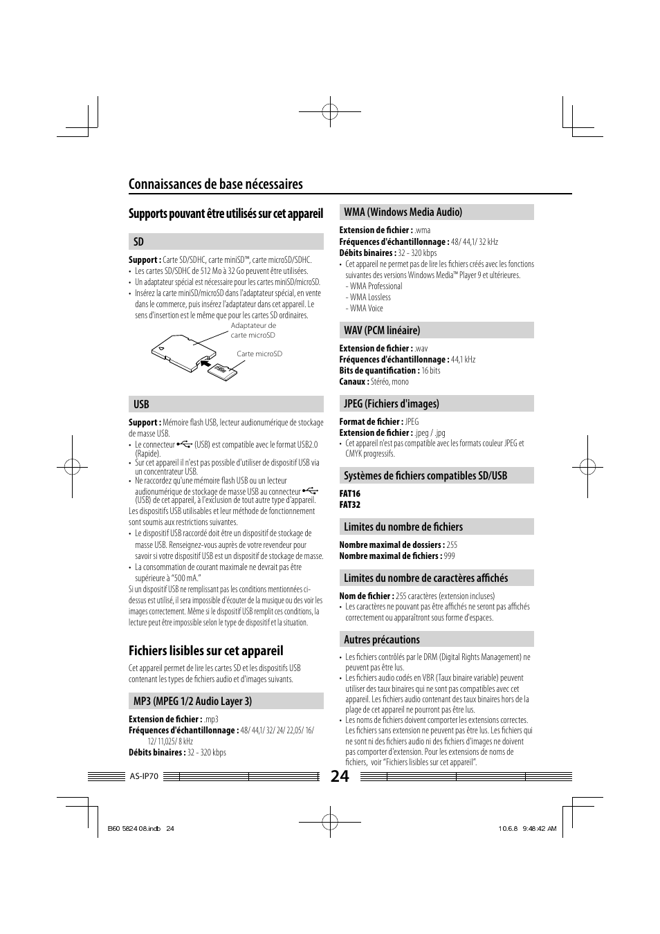 Connaissances de base nécessaires, Supports pouvant être utilisés sur cet appareil, Fichiers lisibles sur cet appareil | Kenwood AS-iP70 User Manual | Page 52 / 168