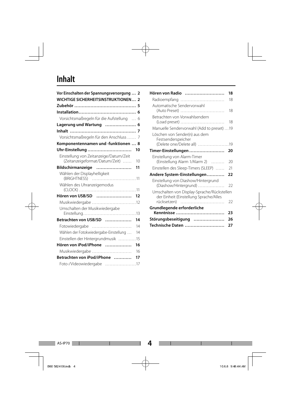 Inhalt | Kenwood AS-iP70 User Manual | Page 60 / 168