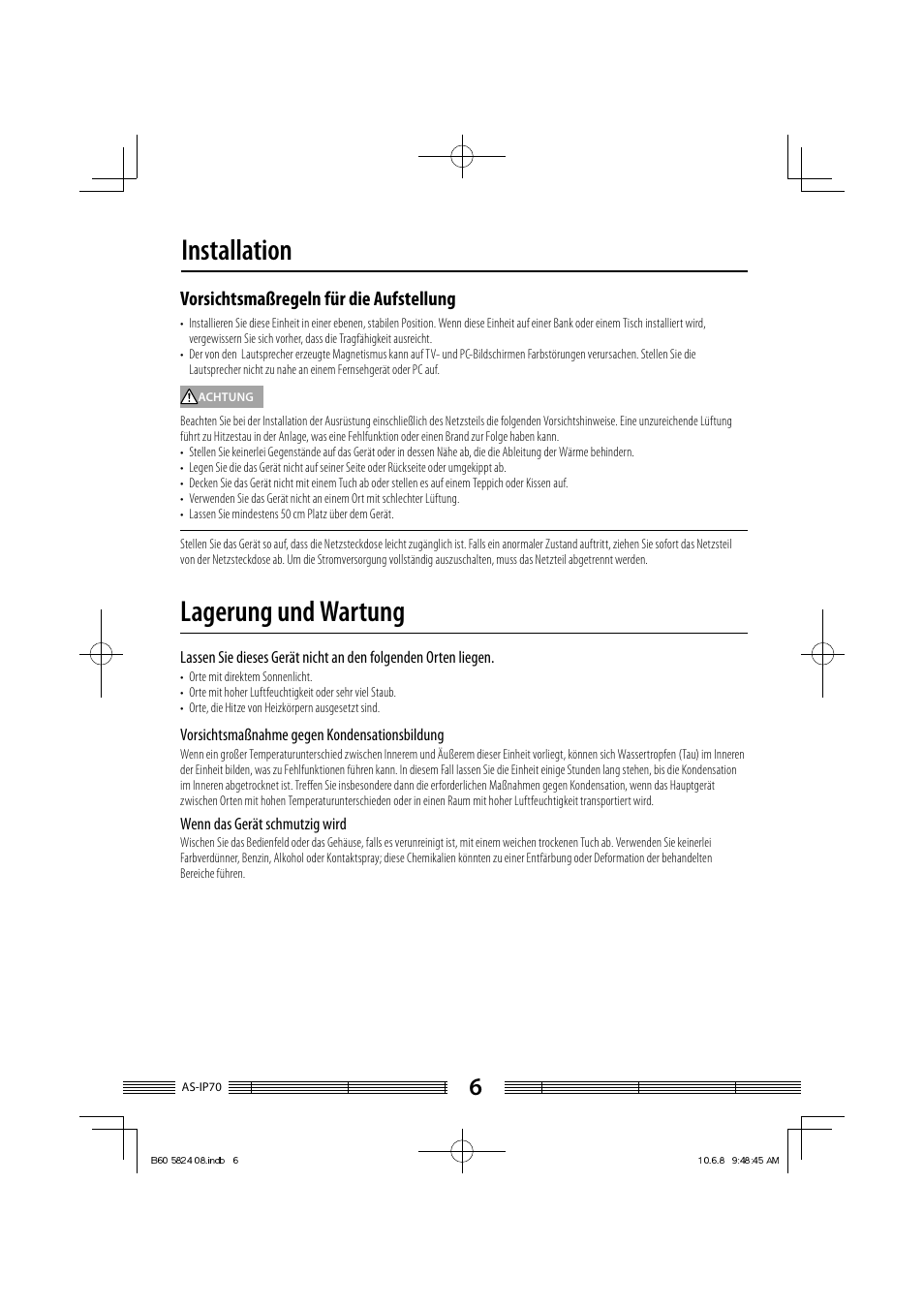 Installation lagerung und wartung, Vorsichtsmaßregeln für die aufstellung | Kenwood AS-iP70 User Manual | Page 62 / 168