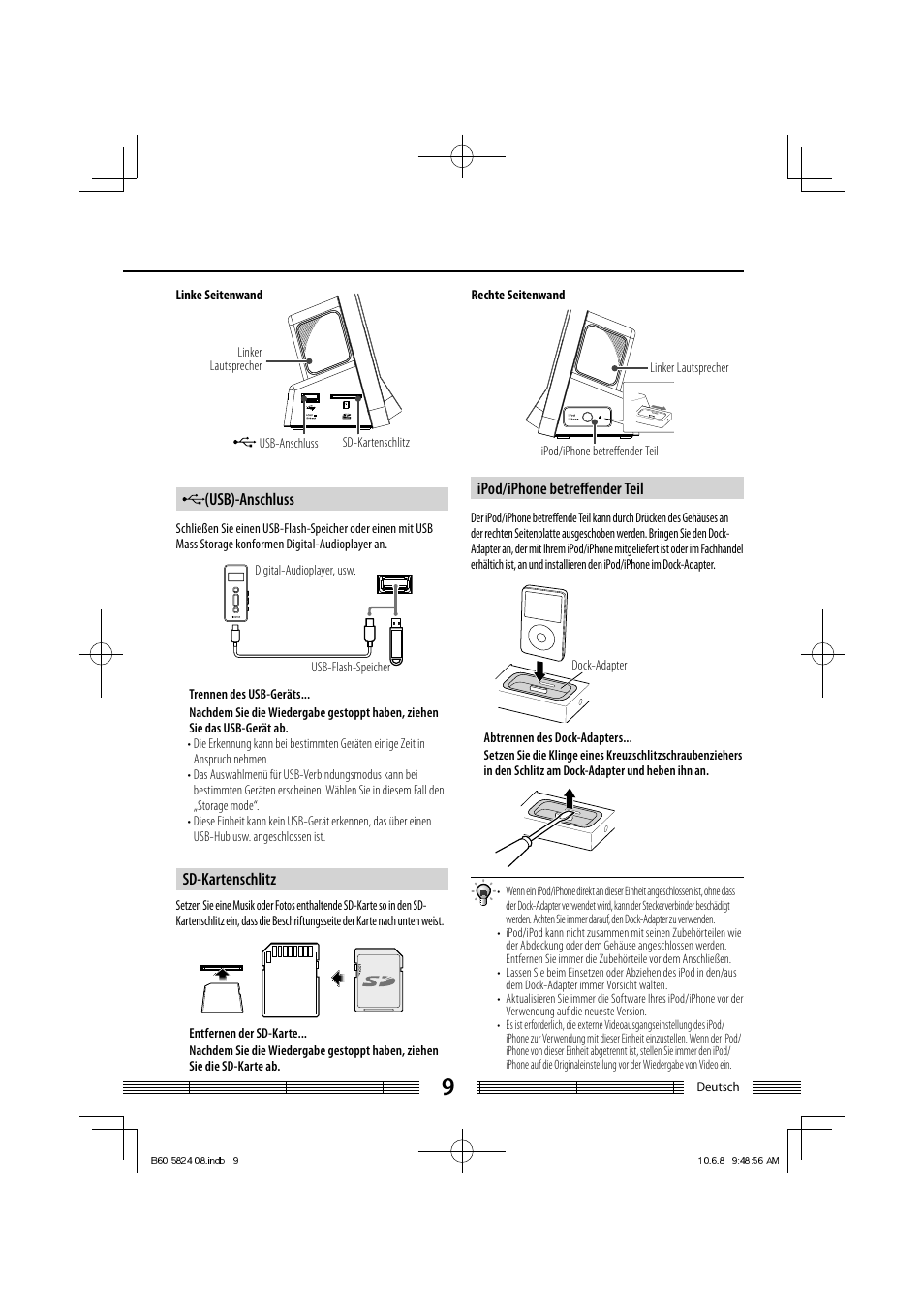 Usb)-anschluss, Sd-kartenschlitz, Ipod/iphone betreﬀ ender teil | Kenwood AS-iP70 User Manual | Page 65 / 168